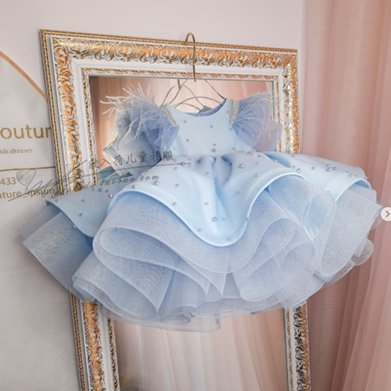 Blue Pearls Beaded Flower Sheer Neck Satin Little Girl Wedding Frist Communion Pageant Dresses Gowns Vintage Baby Peageant Dress Gowns