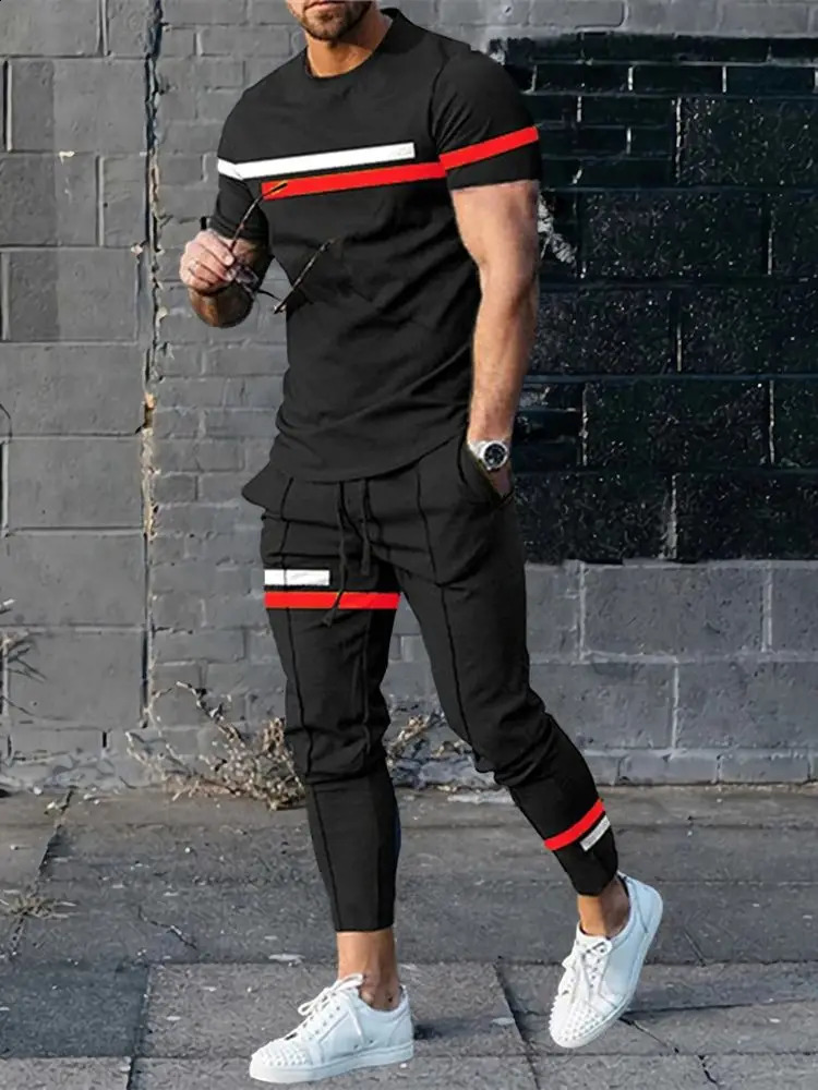 Mens Trousers Tracksuit 2 Piece Sets Summer Sportswear Tops Tees Short Sleeve T ShirtLong Sweatpants Oversized Men Clothing 240202
