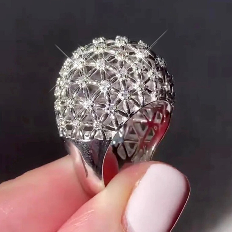 Vintage Sterg Sier Wedding Rings for Women, 3A Cubic Zirconia Chrysanthemum Eternity Engagement Ring, Party Jewelry Gift