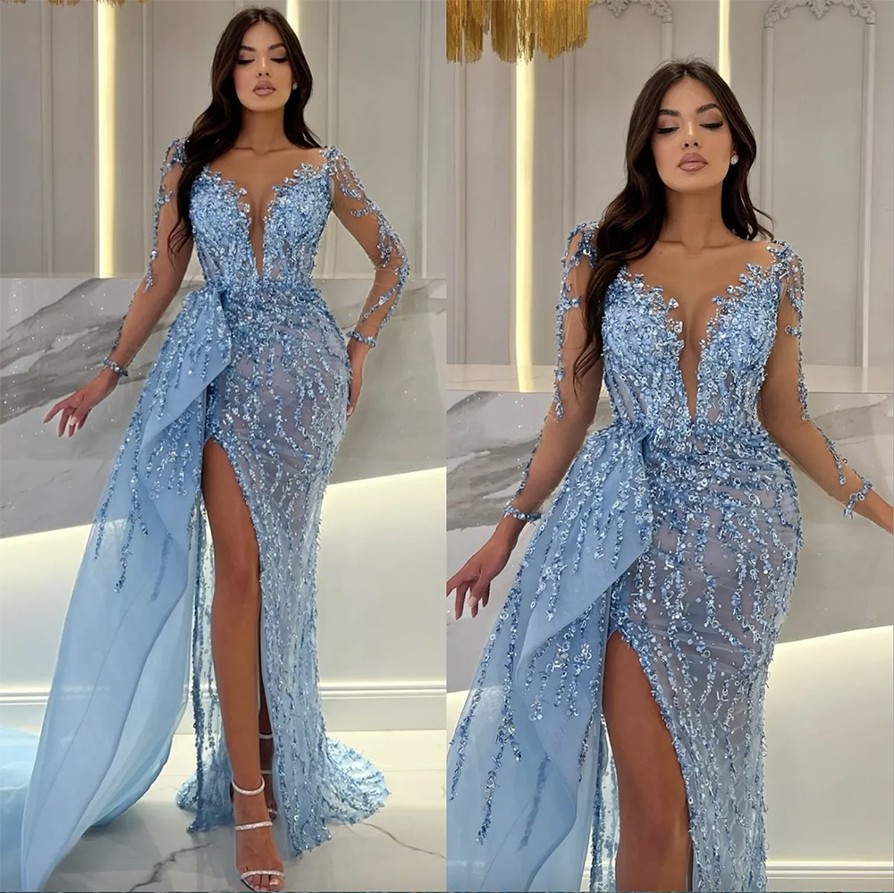Elegant Sky Blue Mermaid Evening Dresses Illusion V Neck Long Sleeves Sequins Party Prom Dress Split Long Dress for special occasion