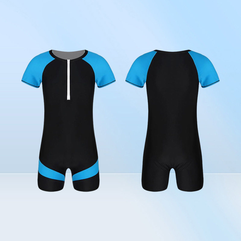 OnePiece Suits Swimwear Mens Swimsuit Round Neck Short Sleeves Swimming Jumpsuit Front Zipper Patchwork Swim Bodysuit Bathing Sui