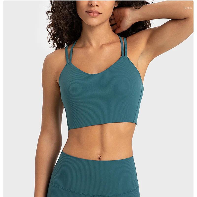 Yoga Sports Bra Outfit Designer Ribbed Padded Bra Vest Fitness Workout Crop Tops Strappy V Neck Light Support Smooth Women Tank Tops Gym Workout Wear