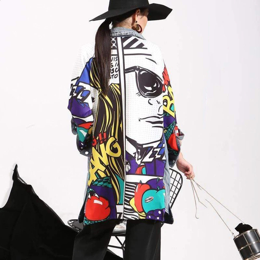 2023 Autumn Women Casual Denim Trench Coat Fashion Abstract Graffiti Creative Pattern Stitching Loose Washed Denim Jacket 240201