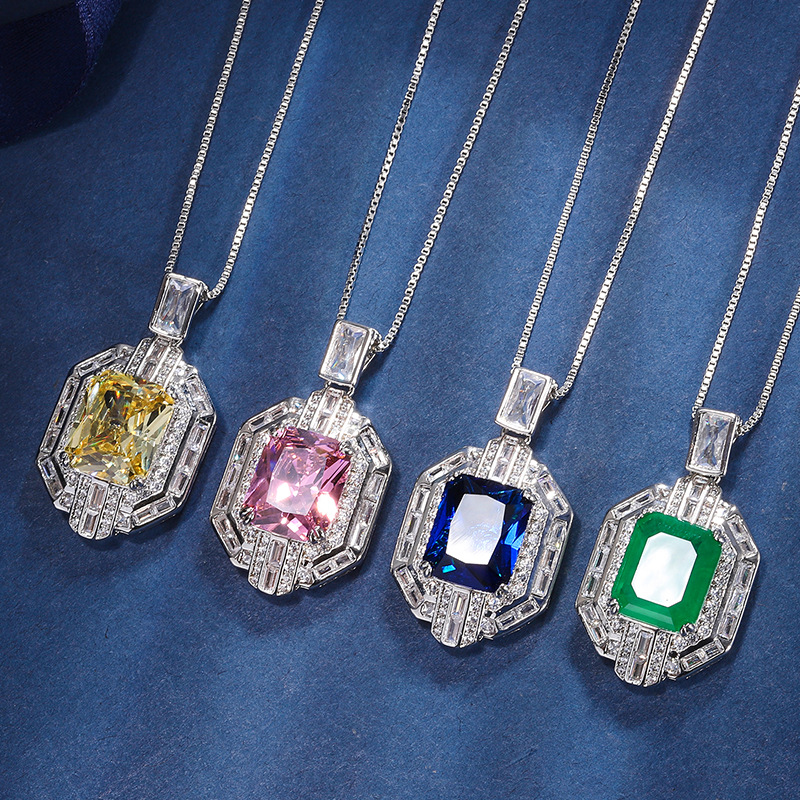 Square Pendant Necklace: 2024 Sterg Sier Princess Cut Multi-Color 5A Cubic Zirconia Jewelry for Women