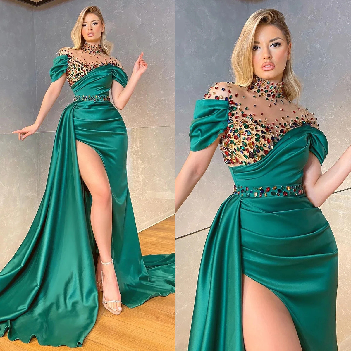 High Fashion Evening Crystal Mermaid Prom Gowns Side Split Sheer Neck Short Sleeves Custom Made Formal Party Dresses Lz0304