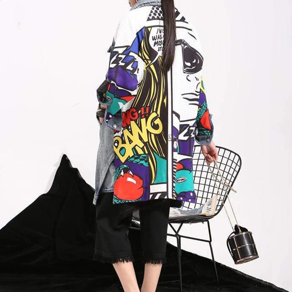 2023 Autumn Women Casual Denim Trench Coat Fashion Abstract Graffiti Creative Pattern Stitching Loose Washed Denim Jacket 240201