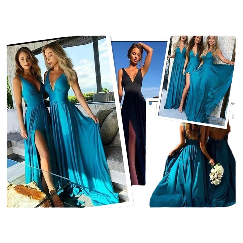 Blue 2024 Champagne Bridesmaid Dresses Sexy V Neck Mermaid For Weddings Side Split Plus Size Long Crystal Beads Formal Maid Of Honor Gowns Wedding Gue