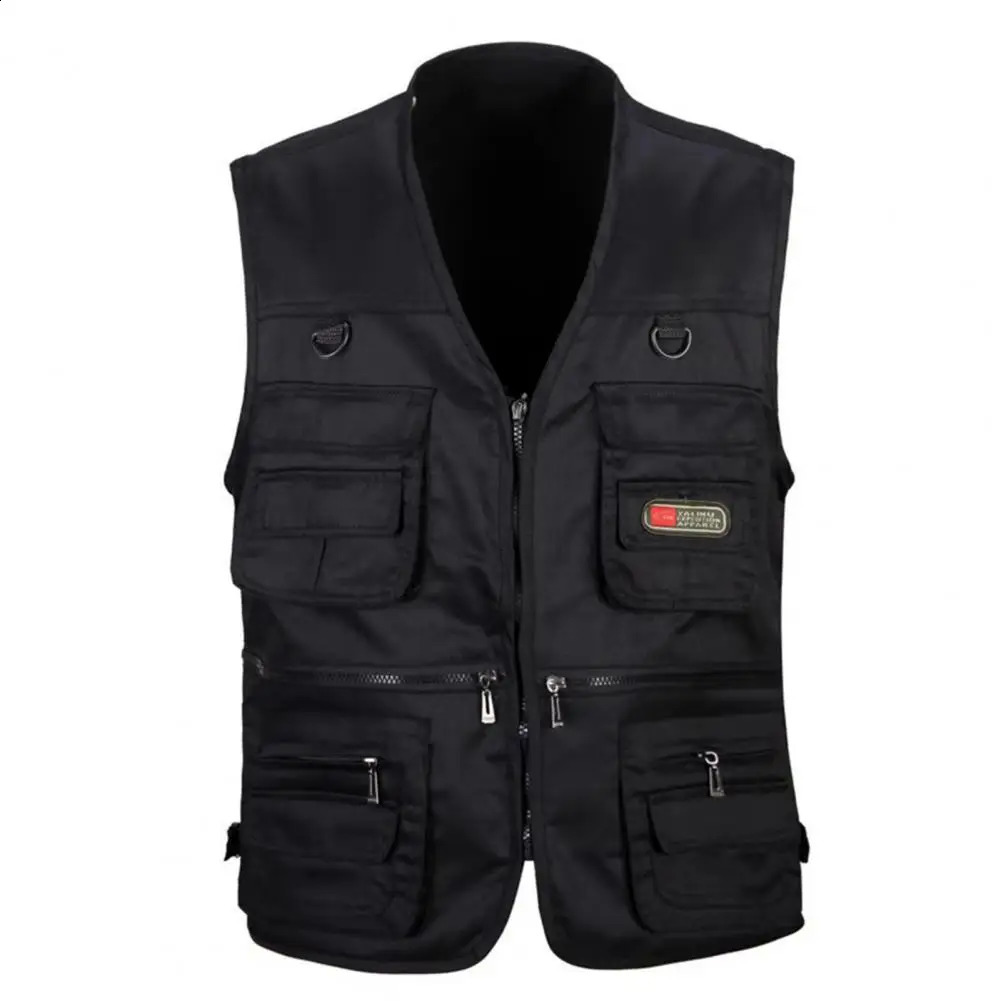 Men Waistcoat Solid Color Multi Pockets Cargo All Match Zipper Sleeveless Spring Vest Mens Clothing For Fishing 240201