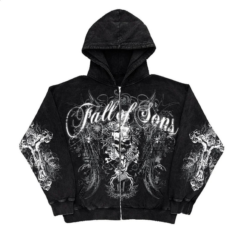 Vintage Fashion Mens and Womens Sweatshirt Letter Skull Cross Print Zipper Hoodie Gothic Casual Loose Y2K Style Top 240123