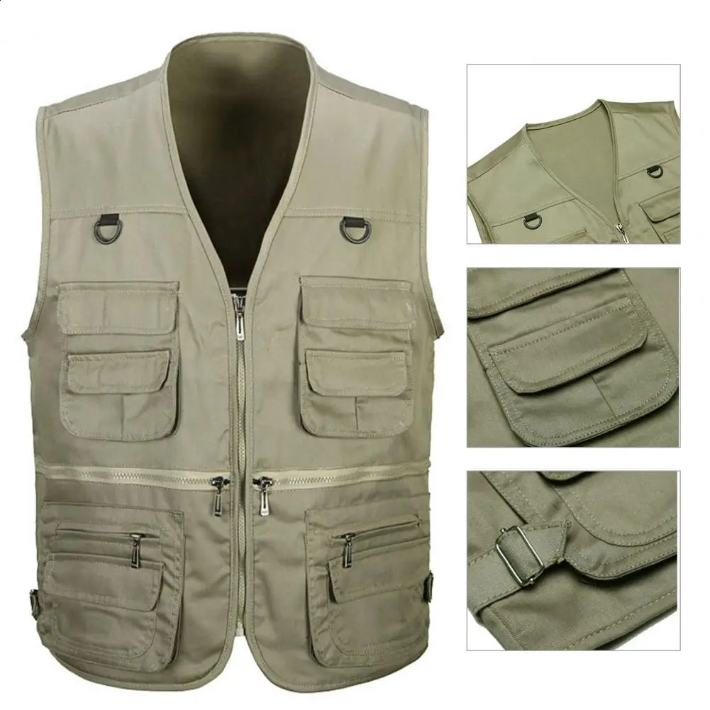 Men Waistcoat Solid Color Multi Pockets Cargo All Match Zipper Sleeveless Spring Vest Mens Clothing For Fishing 240201
