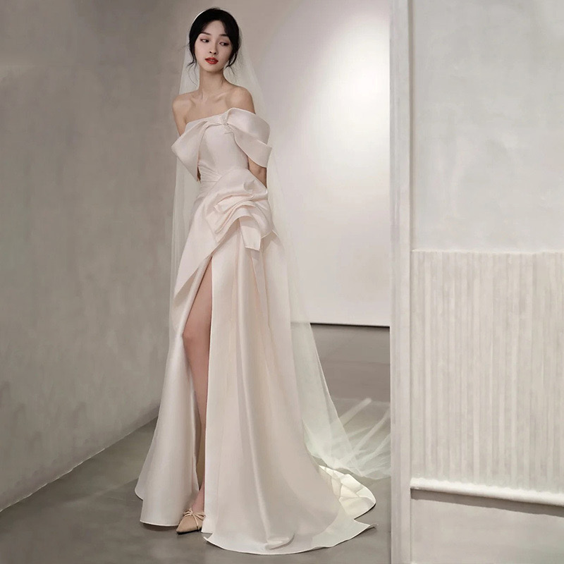 2024 Arabic Aso Ebi Mermaid Wedding Dresses Sexy Satin Side Split Off Shoulder Luxurious Dress Plus Size Bridal Party Gowns Trumpet Style Robe De Mari
