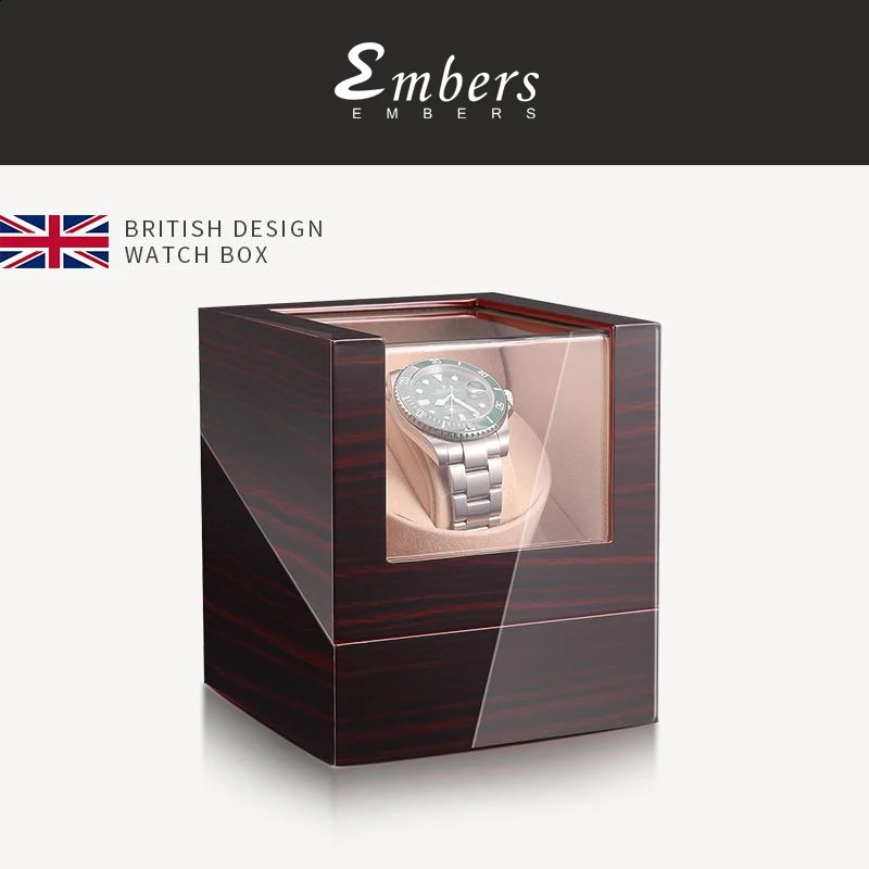 Embers Luxry Single Watch Winder Battery Wooden Shaker Watch Box Automatic Winder Glass Storage Case Mabuchi Motro 240127