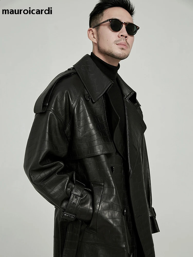 Mauroicardi Spring Autumn Long Black Print Pu Leather Trench Coat Men Belt Double Breaste Runway European Fashion 240124