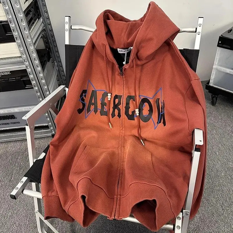 Heavy Mens Clothing Retro Hoodies Star Print Y2k Zip Up Hoodie Pure Cotton Sweatshirt Hooded Loose American Couple Coat 240123