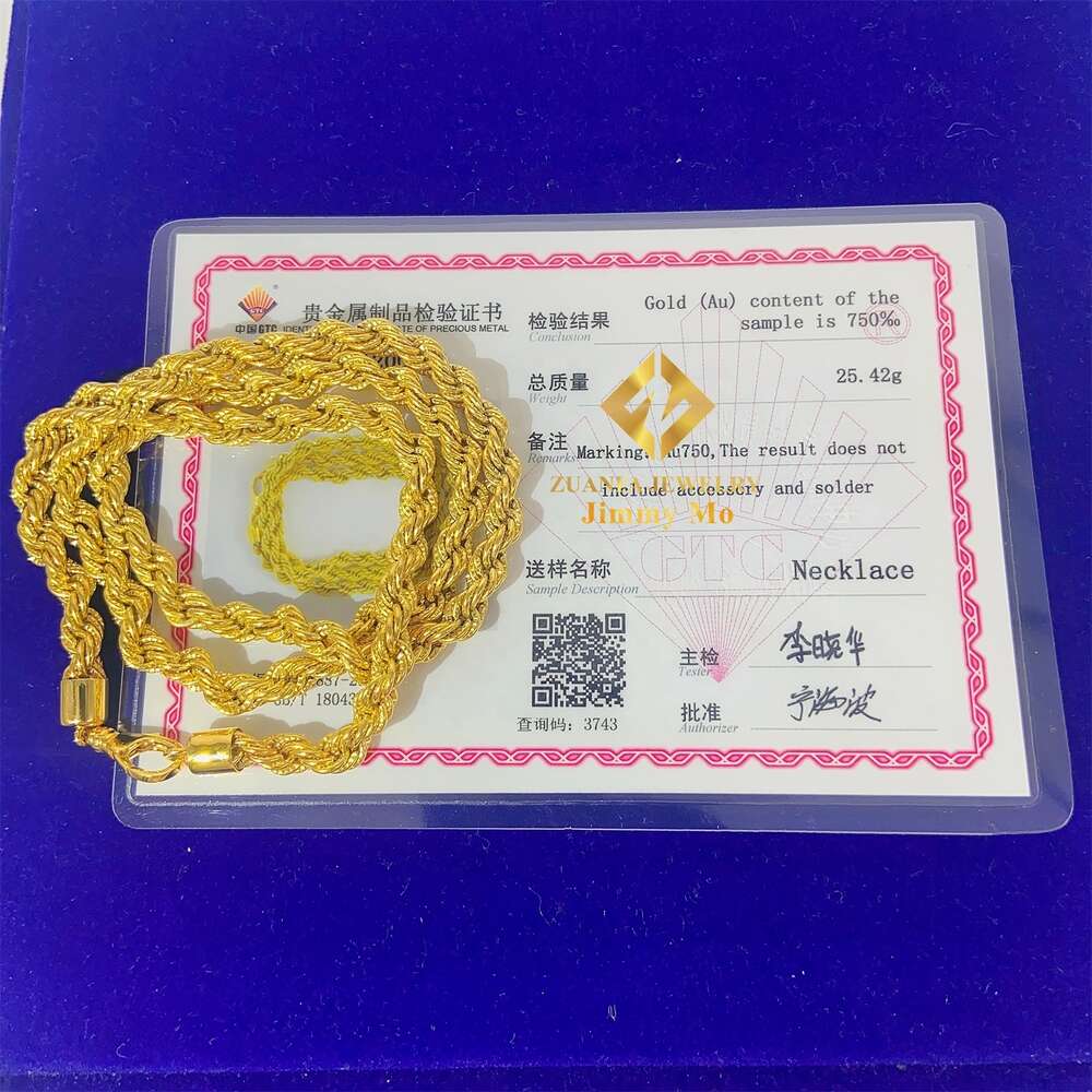 Pendant Necklaces New Trendy 6mm Au750 real gold Solid Yellow Gold iced Out Hip Hop Jewelry Man Rope Plain Chain