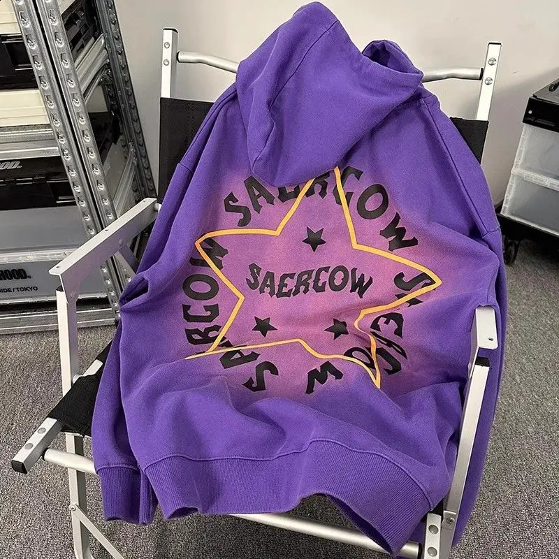 Heavy Mens Clothing Retro Hoodies Star Print Y2k Zip Up Hoodie Pure Cotton Sweatshirt Hooded Loose American Couple Coat 240123