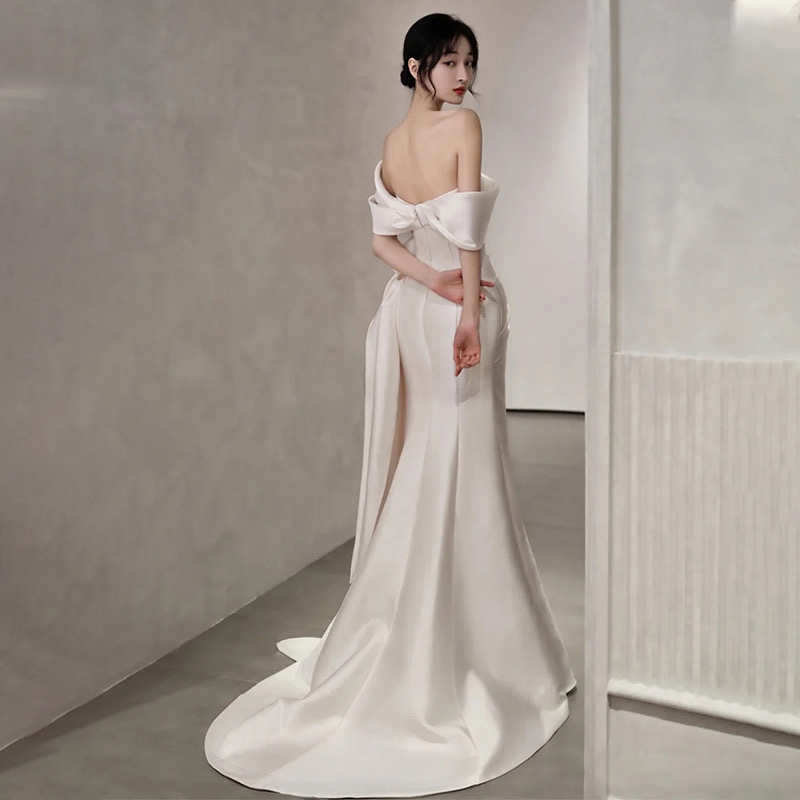 2024 Arabic Aso Ebi Mermaid Wedding Dresses Sexy Satin Side Split Off Shoulder Luxurious Dress Plus Size Bridal Party Gowns Trumpet Style Robe De Mari