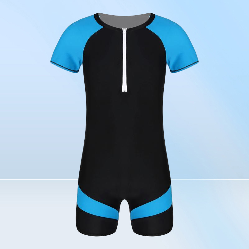 OnePiece Suits Swimwear Mens Swimsuit Round Neck Short Sleeves Swimming Jumpsuit Front Zipper Patchwork Swim Bodysuit Bathing Sui