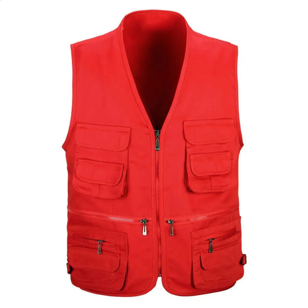 Men Waistcoat Solid Color Multi Pockets Cargo All Match Zipper Sleeveless Spring Vest Mens Clothing For Fishing 240201