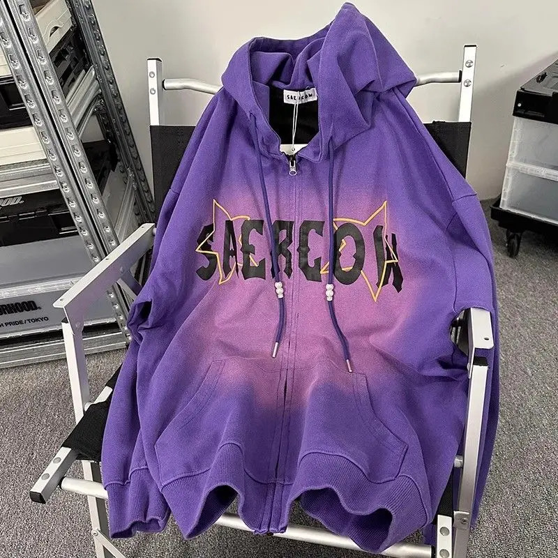 Heavy Mens Clothing Retro Hoodies Star Print Y2k Zip Up Hoodie Pure Cotton Sweatshirt Hooded Loose American Couple Coat 240123