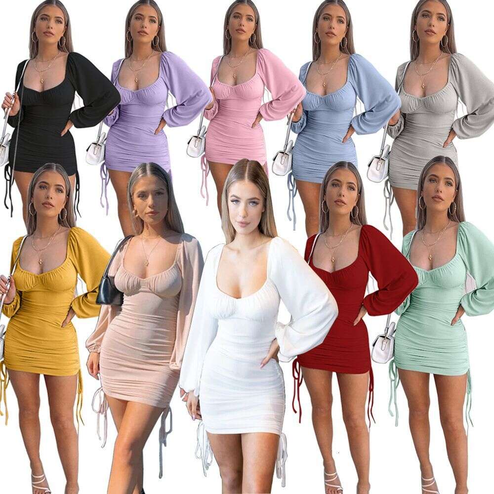 Spot LT2127 European and American Ribbed Sexy Slim Fit Drawstring Pleated Buttocks Wrapped Long Sleeved Dress womens designer clothing designer dresse