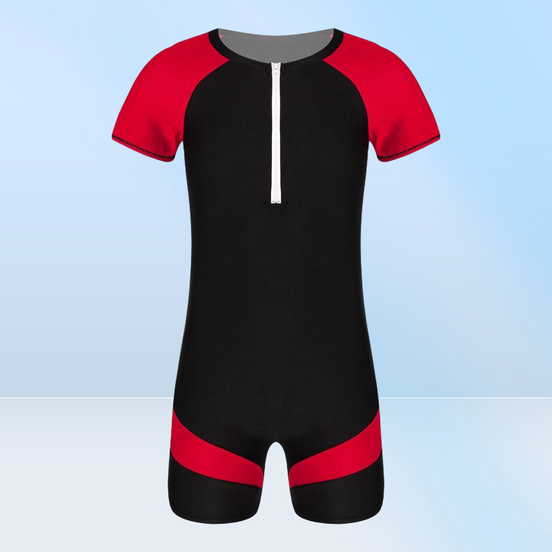 OnePiece Suits Swimwear Mens Swimsuit Round Neck Short Sleeves Swimming Jumpsuit Front Zipper Patchwork Swim Bodysuit Bathing Sui