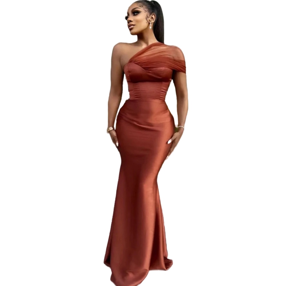 2024 Bridesmaid Dresses One Shoulder Mermaid For Weddings Plus Size Long Cap Sleeves Tulle Satin Formal Maid of Honor Gowns Wedding Guest Wear 0513