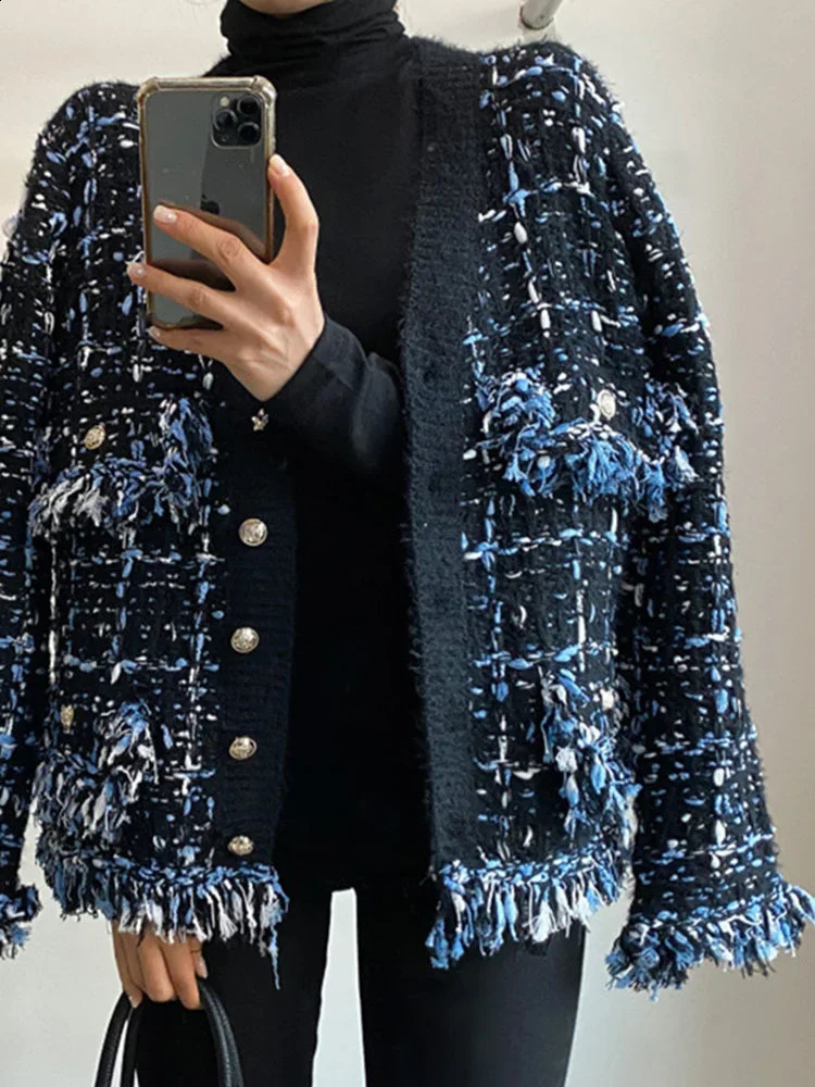Vintage Tassels Patchwork Jacket Contrast Color Vneck Single Breasted Loose Coat Female Casual Fashion 240124