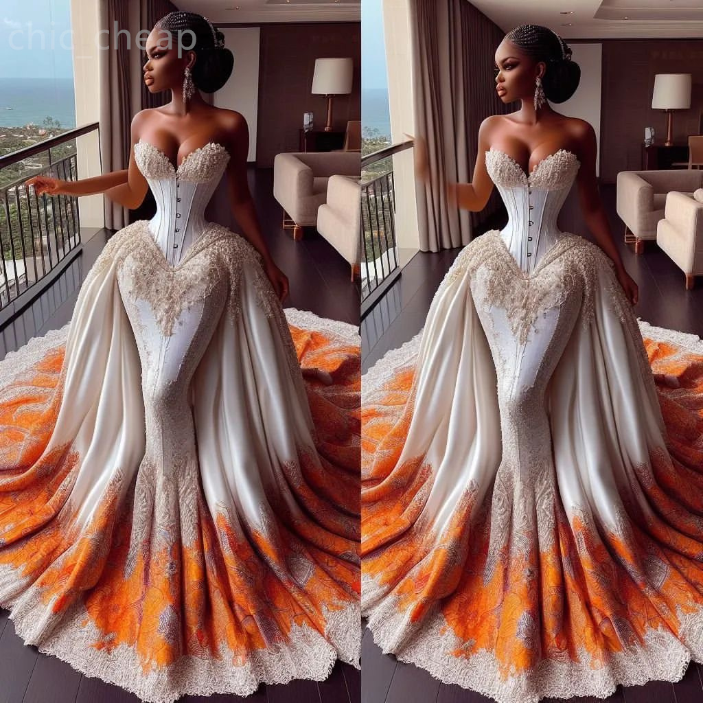 Aso Ebi Arabic Plus Size Printed Lace Beaded Wedding Dress Detachable Train Sequined Satin Bridal Gowns Dresses ZJ es