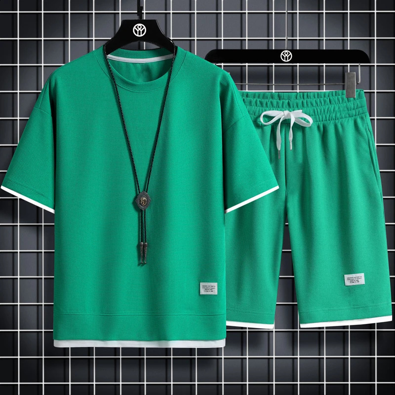 Summer Mens Two Piece Set Linen Fabric Casual T-Shirt and Shorts Set Mens Sports Suit Fashion Short Sleeve Tracksuit 240130