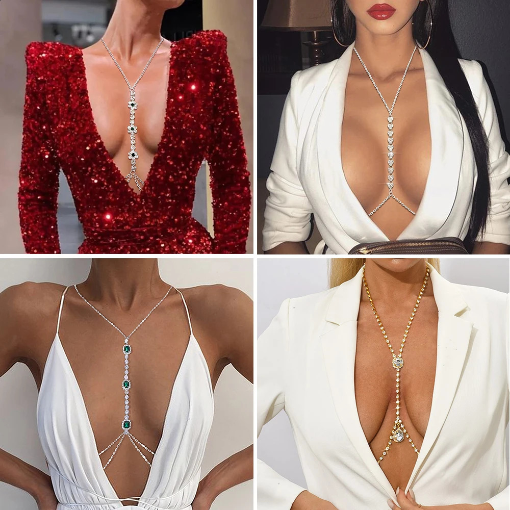 Sexy Rhinestone Chains Chest Chain Harness Waist Chain Breast Belly Body Jewelry Necklace For Women Party Clothing Accessories 240221