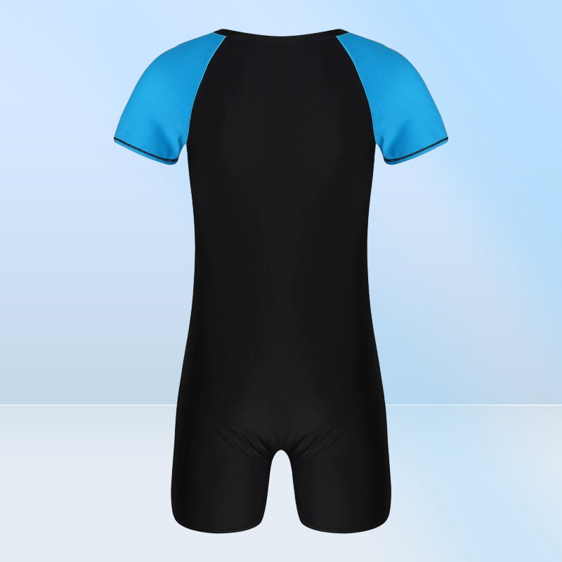 OnePiece Suits Swimwear Mens Swimsuit Round Neck Short Sleeves Swimming Jumpsuit Front Zipper Patchwork Swim Bodysuit Bathing Sui