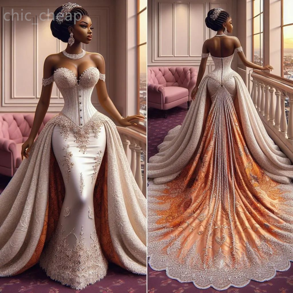 Aso Ebi Arabic Plus Size Printed Lace Beaded Wedding Dress Detachable Train Sequined Satin Bridal Gowns Dresses ZJ es