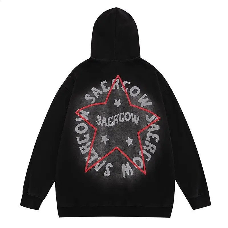 Heavy Mens Clothing Retro Hoodies Star Print Y2k Zip Up Hoodie Pure Cotton Sweatshirt Hooded Loose American Couple Coat 240123