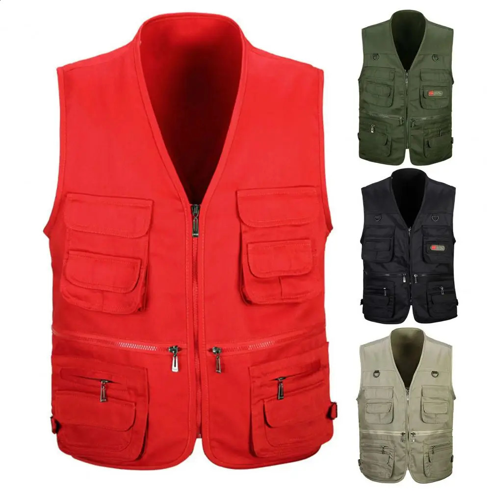 Men Waistcoat Solid Color Multi Pockets Cargo All Match Zipper Sleeveless Spring Vest Mens Clothing For Fishing 240201