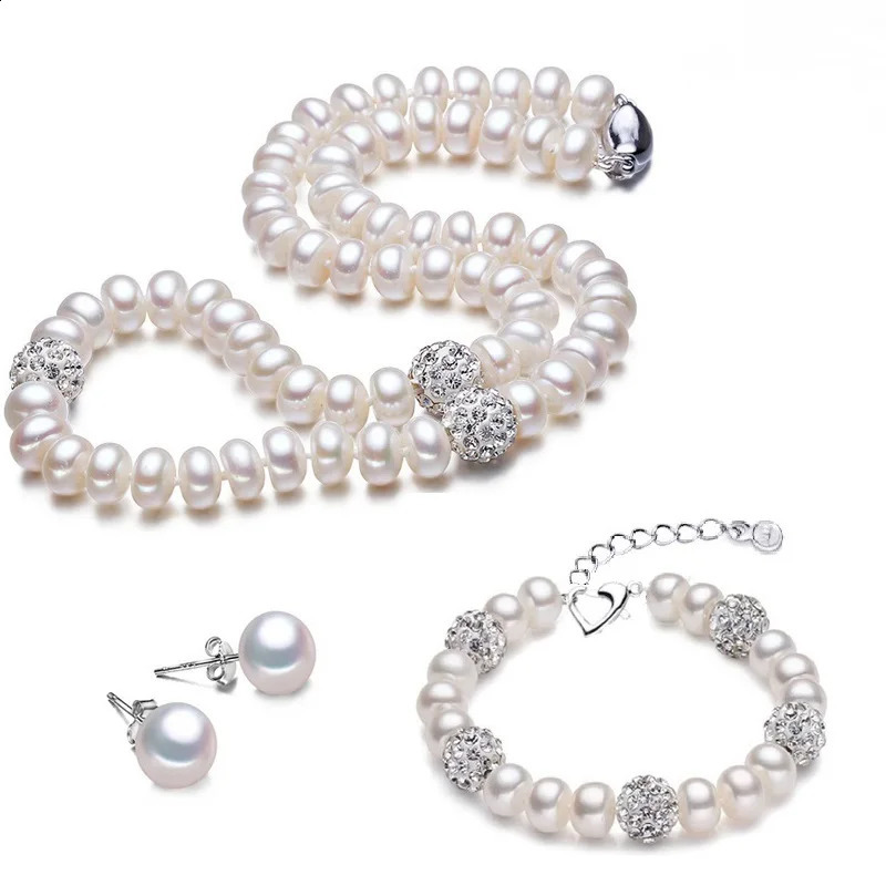 Classic Pearl Jewelry Sets Genuine Natural Freshwater Pearl Jewelry 925 Sterling Silver Earrings Bracelet Necklace For Women 240119