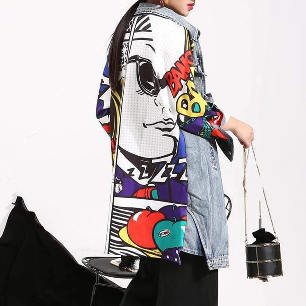 2023 Autumn Women Casual Denim Trench Coat Fashion Abstract Graffiti Creative Pattern Stitching Loose Washed Denim Jacket 240201