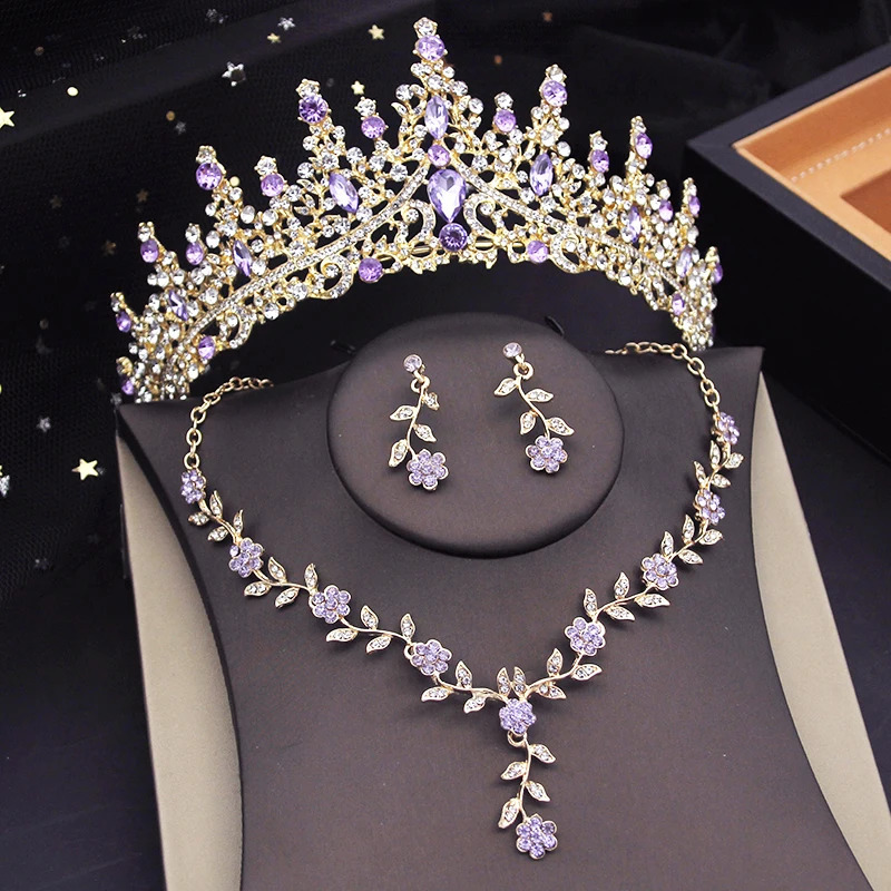 Purple Crown Jewelry Sets Bridal Tiara Wedding Jewellry Sets Prom Birthday Tiaras Flower Choker Necklace Sets Accessories 240119