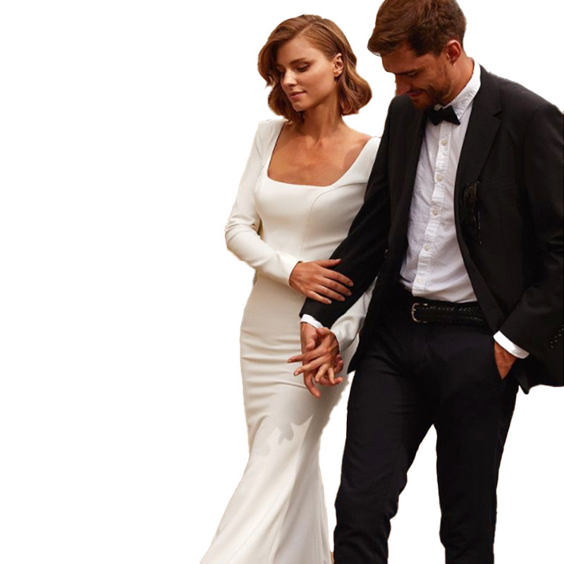 White Satin Bridal Gowns Wedding Dres Mermaid Formal Trumpet New Plus Size Custom Sexy Backl Zipper Square Neck Long Sleeve Satin Applique Bsimple Boh