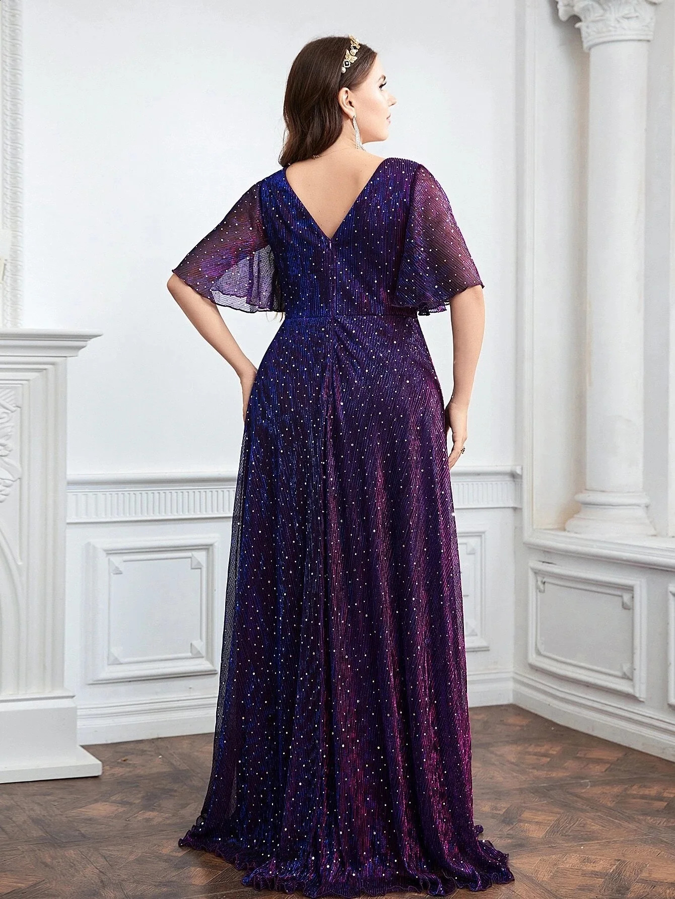 Wedding Bridesmaid Dress For Plus Size Female Fashion Plunging Neck Butterfly Sleeve Glitter Party Dresses Large Size Lady Dress 240201