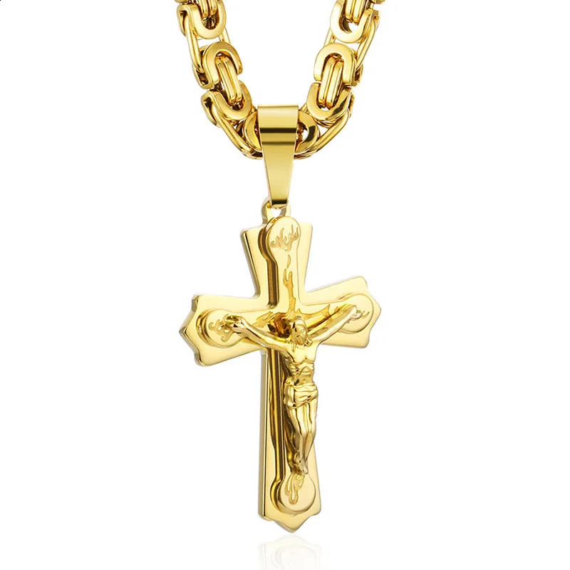 Diyalo Religious Jesus Cross Necklace Men Stainless Steel Crucifix Pendant with Byzantine Chain Necklaces Male Jewelry 240202