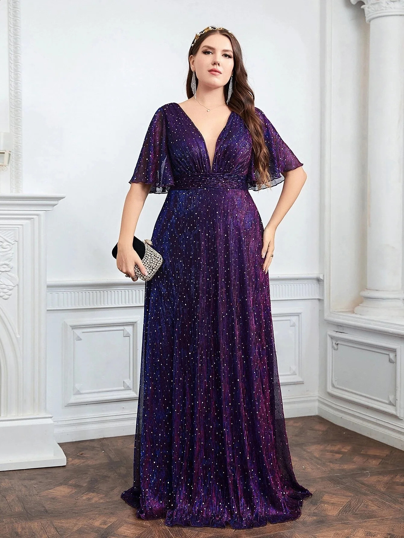 Wedding Bridesmaid Dress For Plus Size Female Fashion Plunging Neck Butterfly Sleeve Glitter Party Dresses Large Size Lady Dress 240201