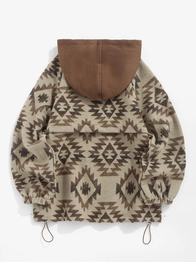 Womens Ethnic Style Tribal Geo Aztec Printed Quarter Zip Wool Blend Raglan Sleeve Loose Pullover Hoodie 511181001 240202