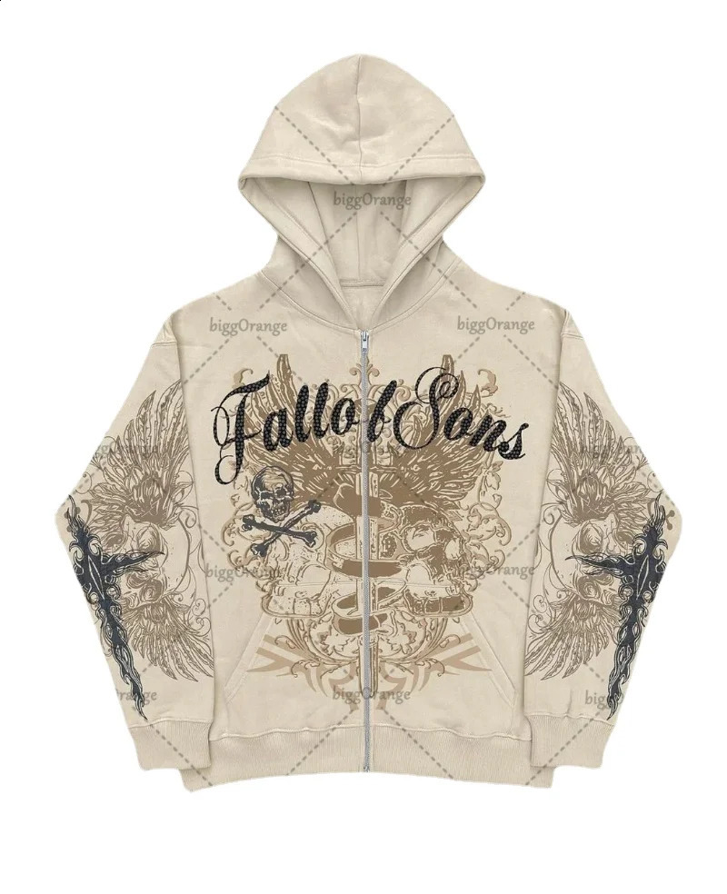 Vintage Fashion Mens and Womens Sweatshirt Letter Skull Cross Print Zipper Hoodie Gothic Casual Loose Y2K Style Top 240123