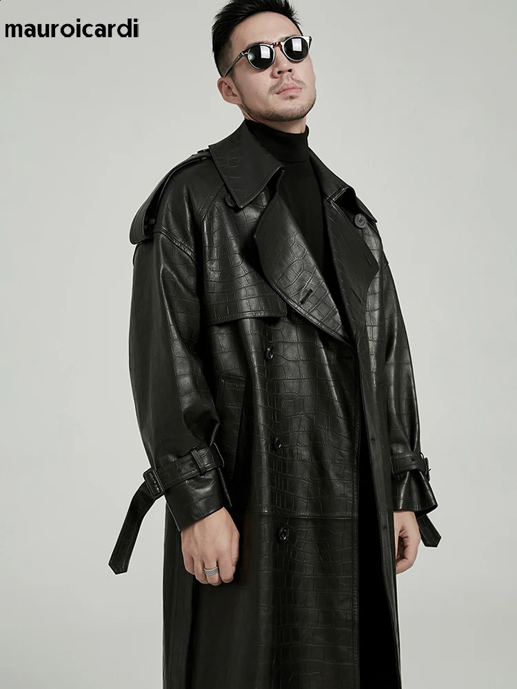 Mauroicardi Spring Autumn Long Black Print Pu Leather Trench Coat Men Belt Double Breaste Runway European Fashion 240124