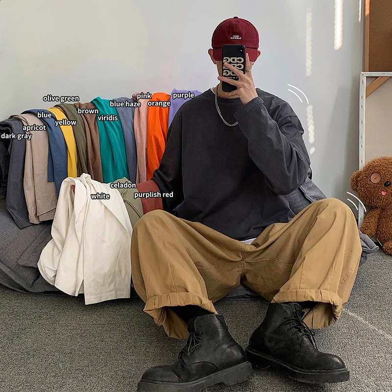 Privathinker 100 Cotton Men Solid Color Tshirts Long Sleeve Drop Shoulder Baggy Tops Korean Style Streetwear Male Tee Shirts 240129