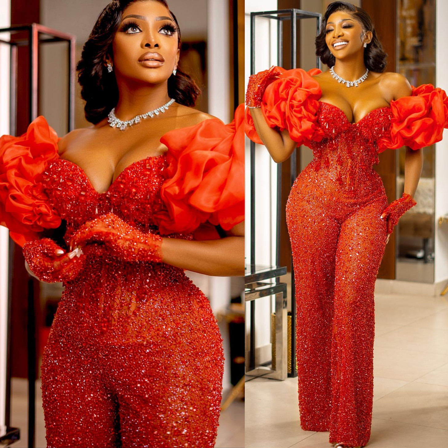 2024 Aso Ebi Mermaid Red Jumpsuits Prom Dress Beaded Crystals Sequined Evening Formal Party Second Reception Birthday Engagement Gowns Dresses Robe De