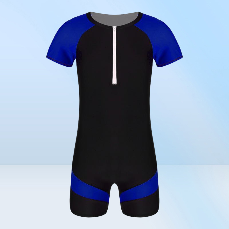 OnePiece Suits Swimwear Mens Swimsuit Round Neck Short Sleeves Swimming Jumpsuit Front Zipper Patchwork Swim Bodysuit Bathing Sui