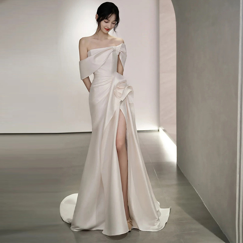 2024 Arabic Aso Ebi Mermaid Wedding Dresses Sexy Satin Side Split Off Shoulder Luxurious Dress Plus Size Bridal Party Gowns Trumpet Style Robe De Mari