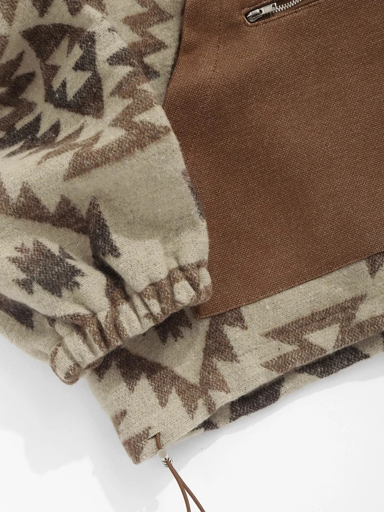 Womens Ethnic Style Tribal Geo Aztec Printed Quarter Zip Wool Blend Raglan Sleeve Loose Pullover Hoodie 511181001 240202